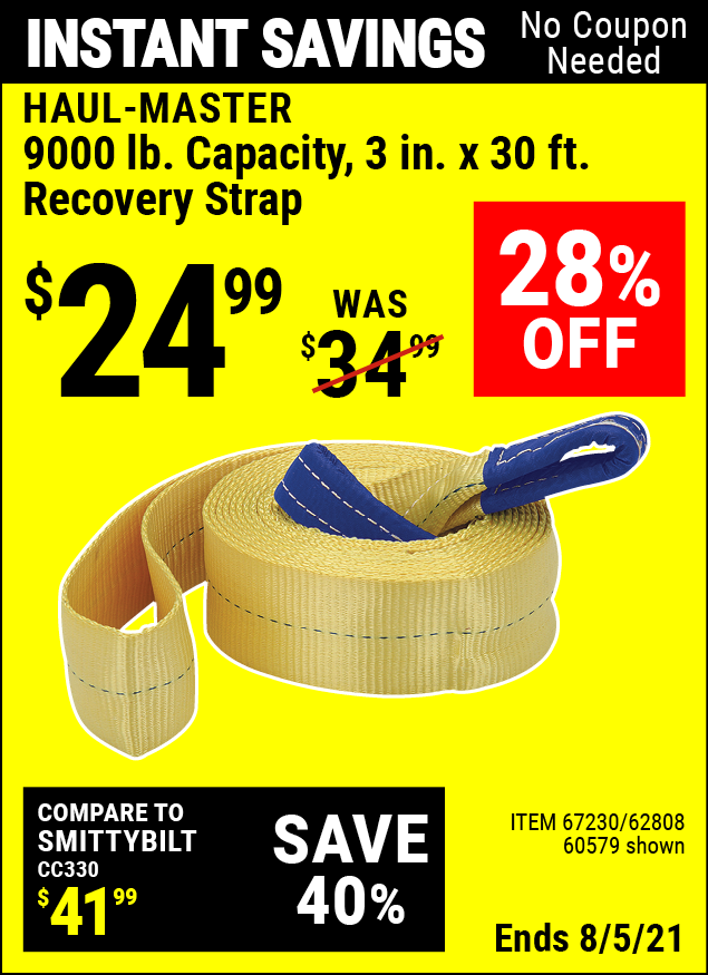 HAULMASTER 9000 lb. Capacity 3 in. x 30 ft. Heavy Duty Recovery Strap