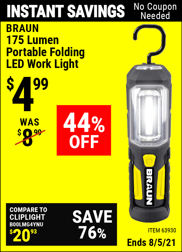 BRAUN Portable Folding LED Work Light for 4.99 Harbor Freight Coupons