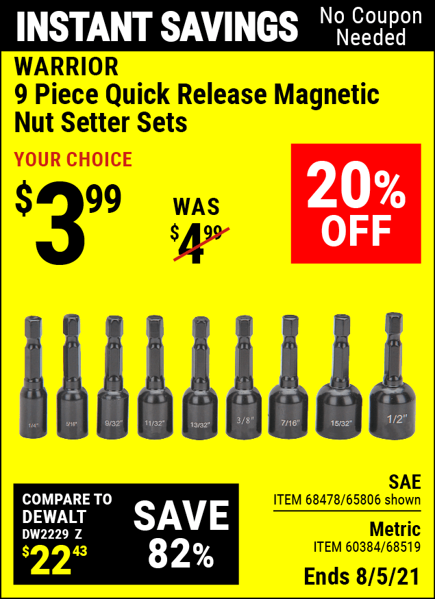 WARRIOR SAE Quick Release Nutsetter Set 9 Pc. for 3.99