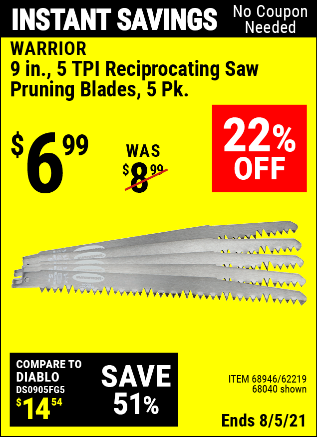 WARRIOR 9 in. 5 TPI Reciprocating Saw Pruning Blades 5 Pk. for 6.99