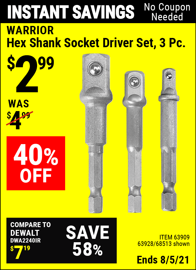 WARRIOR Hex Shank Socket Driver Set 3 Pc. for 2.99 Harbor Freight