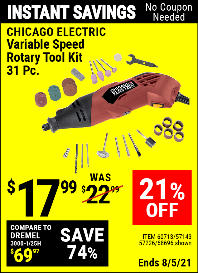 CHICAGO ELECTRIC Heavy Duty Variable Speed Rotary Tool Kit 31 Pc. for