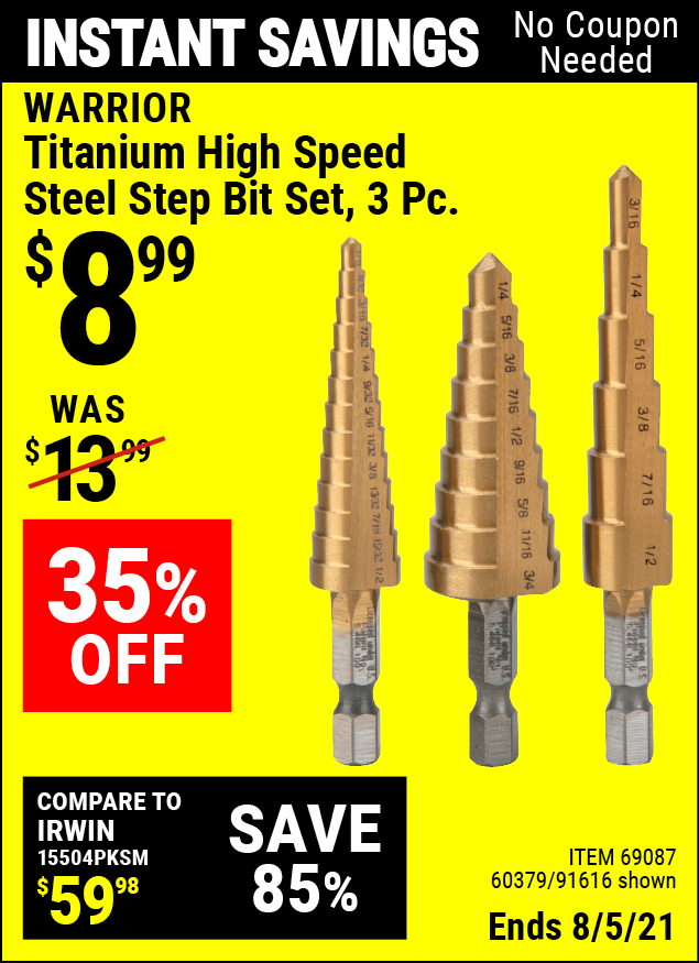 WARRIOR Titanium High Speed Steel Step Bit Set 3 Pc. for 8.99 Harbor