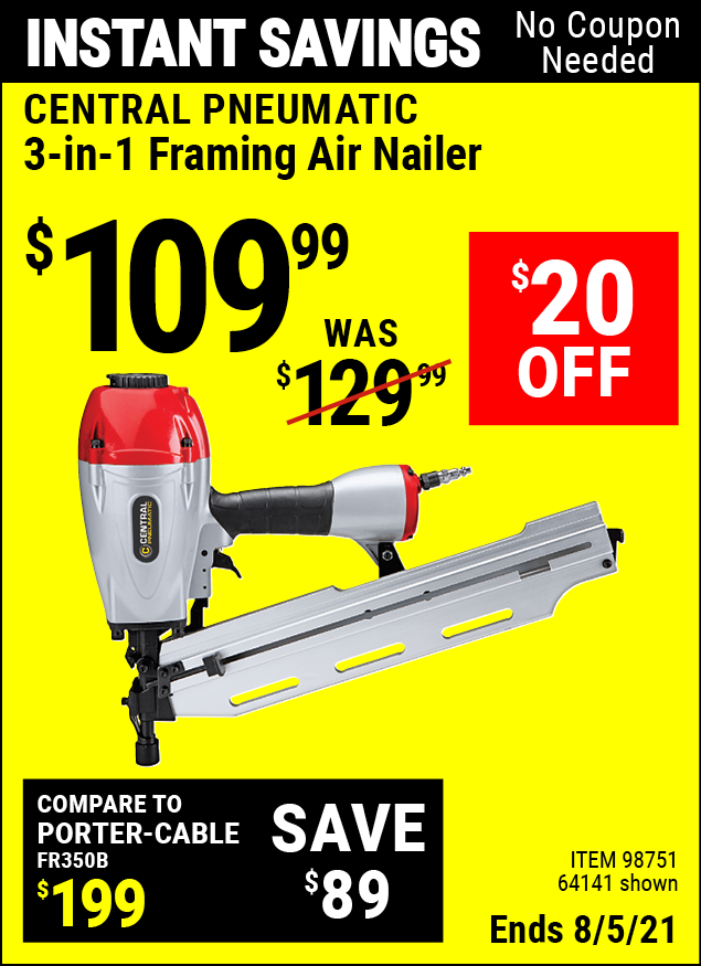 CENTRAL PNEUMATIC 3in1 Framing Air Nailer for 109.99 Harbor