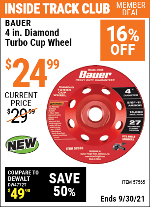 BAUER 4 In. Diamond Turbo Cup Wheel for $24.99 – Harbor Freight Coupons