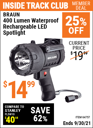 BRAUN 400 Lumen Waterproof Rechargeable LED Spotlight for $14.99 ...