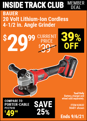 BAUER 20V Hypermax Lithium Cordless 4-1/2 in. Heavy Duty Angle Grinder for  $32.99 – Harbor Freight Coupons