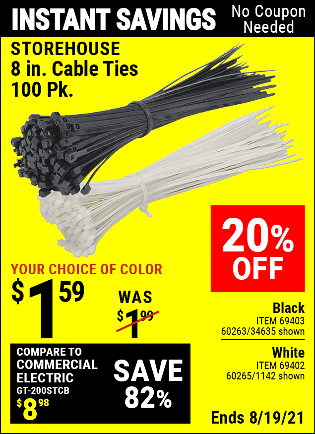 STOREHOUSE 8 in. White Cable Ties 100 Pk. for 1.59 Harbor Freight