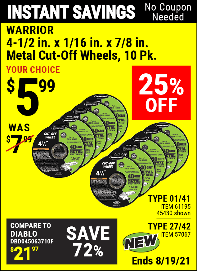 WARRIOR 4-1/2 in. Metal Cut-off Wheel 10 Pk. for $5.99 – Harbor Freight