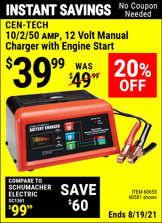 CENTECH 12V Manual Charger With Engine Start for 39.99 Harbor