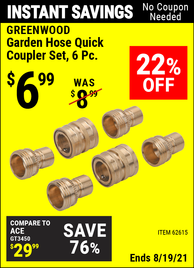 GREENWOOD Garden Hose Quick Coupler Set 6 Pc. for 6.99 Harbor Freight Coupons