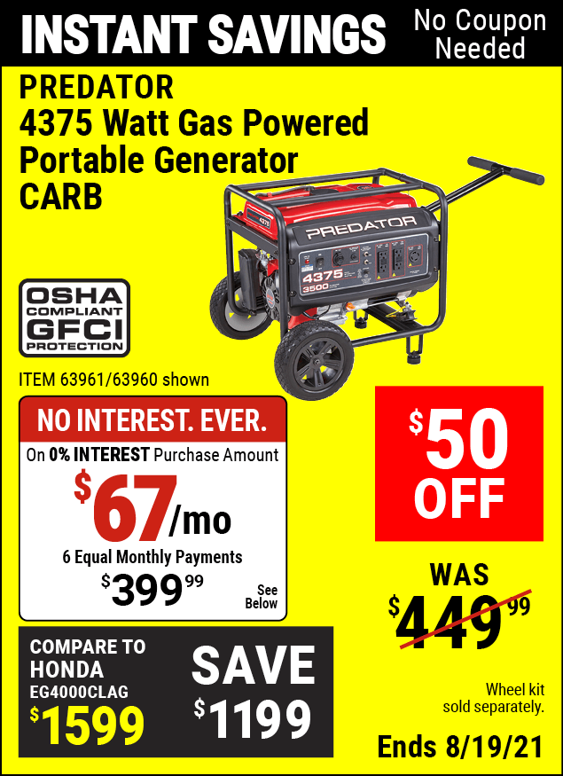 Predator 4375 Watt Max Starting Extra Long Life Gas Powered Generator For 39999 Harbor 3254