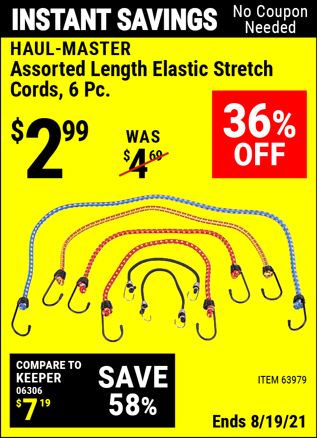 HAULMASTER Assorted Length Elastic Stretch Cords 6 Pc. for 2.99
