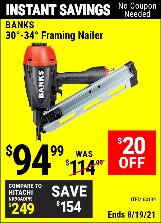 BANKS 30°-34° Framing Nailer for $94.99 – Harbor Freight Coupons