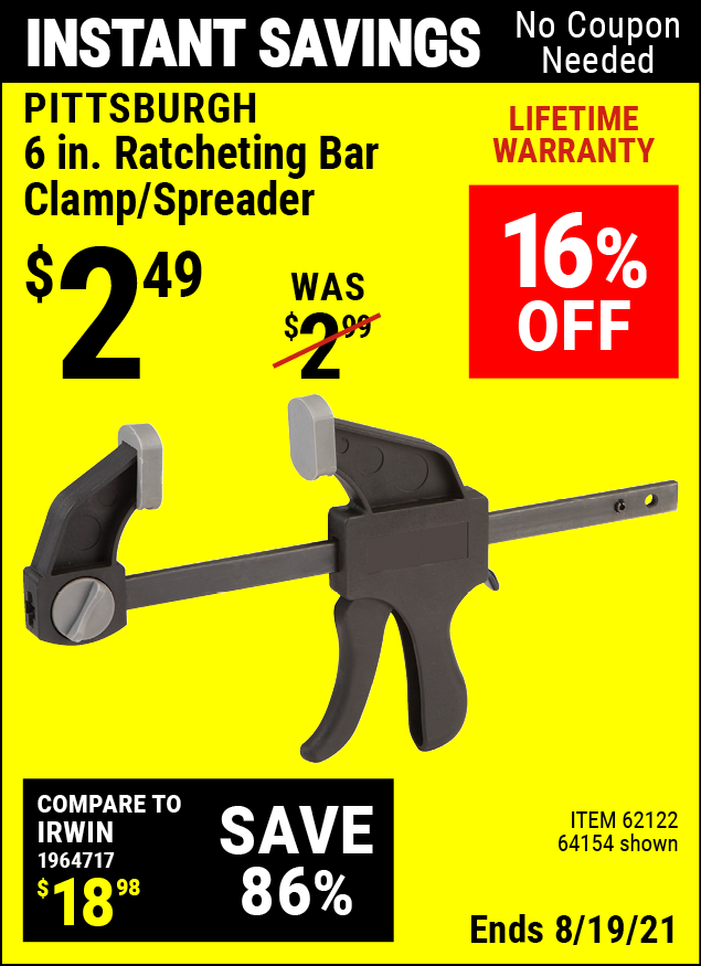 PITTSBURGH 6 in. Ratcheting Bar Clamp/Spreader for 2.49 Harbor Freight Coupons