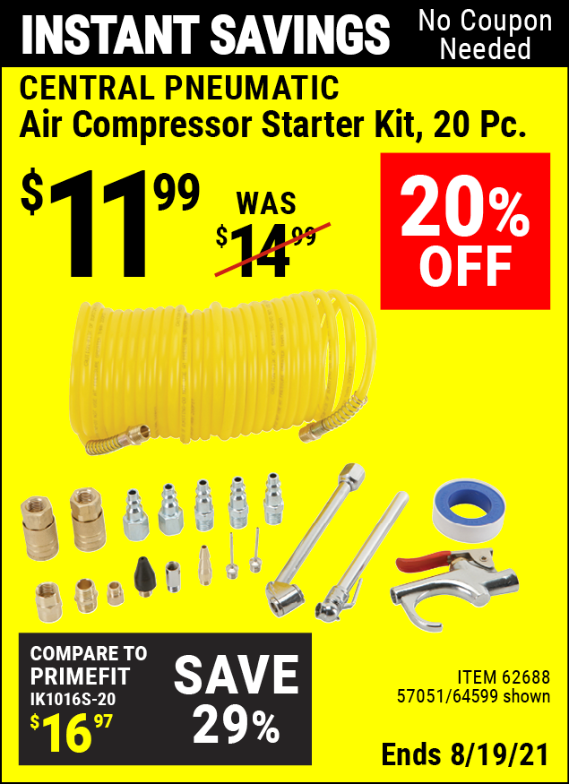 CENTRAL PNEUMATIC Air Compressor Starter Kit 20 Pc. for 11.99 Harbor Freight Coupons