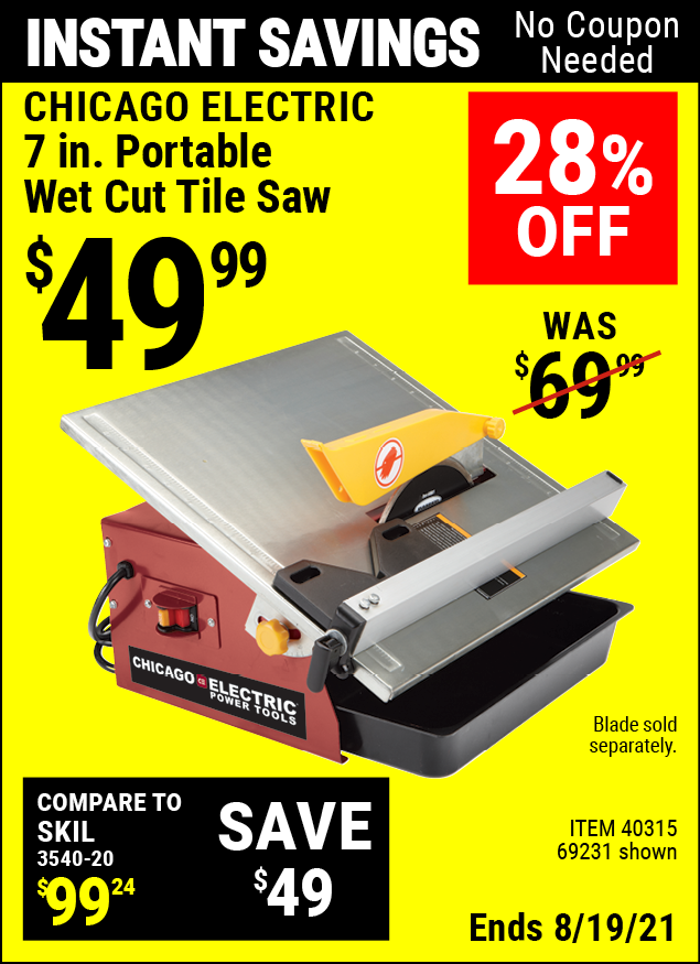 CHICAGO ELECTRIC 7 in. Portable Wet Cut Tile Saw for $49.99 – Harbor