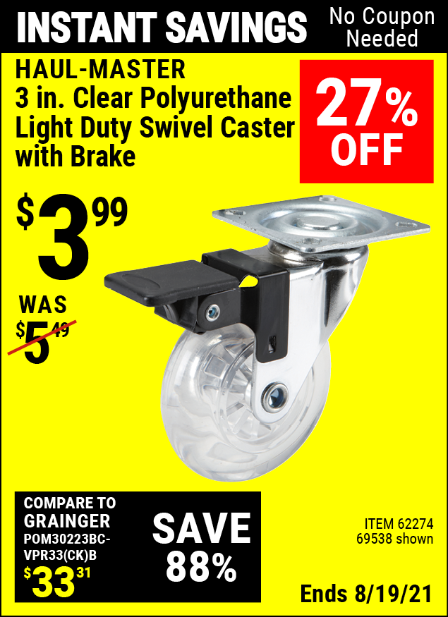 HAULMASTER 3 in. Clear Polyurethane Light Duty Swivel Caster with Brake for 3.99 Harbor