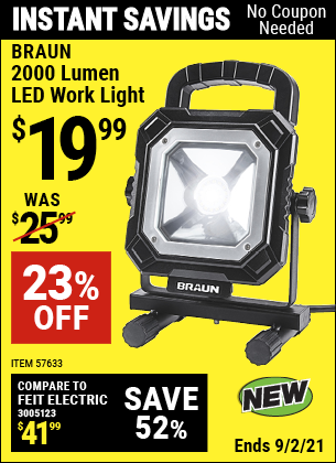 BRAUN 2000 Lumen LED Work Light for $19.99 â Harbor Freight Coupons