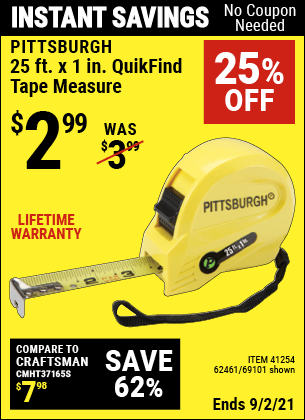 PITTSBURGH 25 ft. x 1 in. QuikFind Tape Measure for $2.99 – Harbor ...