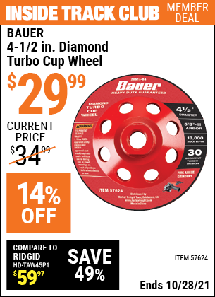 BAUER 4-1/2 in. Diamond Turbo Cup Wheel for $29.99 – Harbor Freight Coupons