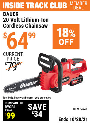 BAUER 20V Cordless Chainsaw (Tool Only 
