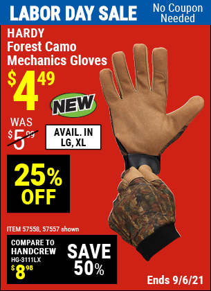 HARDY Forest Camo Mechanics Gloves, Large For $4.49 – Harbor Freight ...