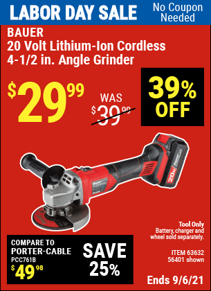 BAUER 20V Hypermax Lithium Cordless 4-1/2 in. Heavy Duty Angle Grinder for  $32.99 – Harbor Freight Coupons