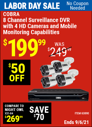 Cobra 8 Channel Surveillance DVR with 4 HD Cameras and Mobile Monitoring  Capabilities : : Electrónicos