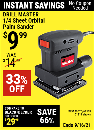 DRILL MASTER 1/4 Sheet Orbital Palm Sander for $9.99 – Harbor Freight  Coupons