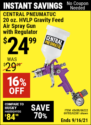 CENTRAL PNEUMATIC 20 oz. HVLP Gravity Feed Air Spray Gun with Regulator ...