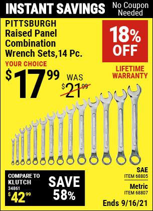 PITTSBURGH Raised Panel Combination Wrench Set 14 Pc. for $17.99 ...