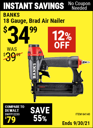 BANKS 18 Gauge Brad Air Nailer for $34 