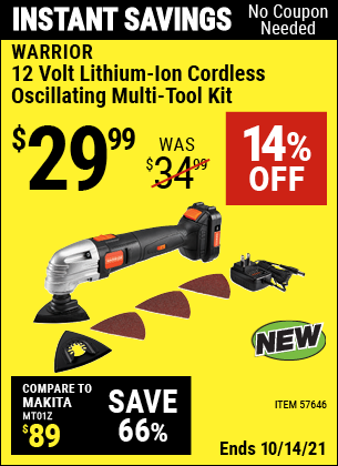 WARRIOR 12v Cordless Variable Speed Oscillating Multi-Tool Kit for $29. ...