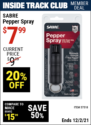 Inside Track Club members can buy the SABRE Pepper Spray (Item 57518) for $7.99, valid through 12/2/2021.