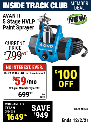 Inside Track Club members can buy the AVANTI 5 Stage HVLP Paint Sprayer (Item 58149) for $699.99, valid through 12/2/2021.