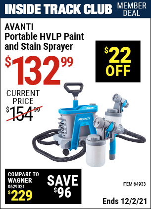 Inside Track Club members can buy the AVANTI Portable HVLP Paint & Stain Sprayer (Item 64933) for $132.99, valid through 12/2/2021.