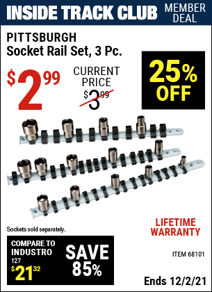 Inside Track Club members can buy the PITTSBURGH Socket Rail Set 3 Pc. (Item 68101) for $2.99, valid through 12/2/2021.