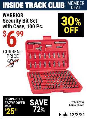 Inside Track Club members can buy the WARRIOR Security Bit Set with Case 100 Pc. (Item 68457/62657) for $6.99, valid through 12/2/2021.