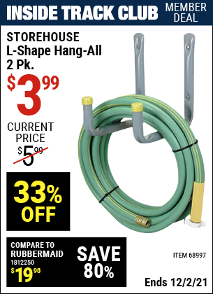 Inside Track Club members can buy the STOREHOUSE L-Shape Hang-All 2 Pk. (Item 68997) for $3.99, valid through 12/2/2021.