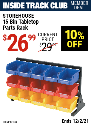 Inside Track Club members can buy the STOREHOUSE 15 Bin Tabletop Parts Rack (Item 93198) for $26.99, valid through 12/2/2021.