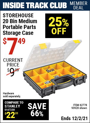 Inside Track Club members can buy the STOREHOUSE 20 Bin Medium Portable Parts Storage Case (Item 93928/62778) for $7.49, valid through 12/2/2021.