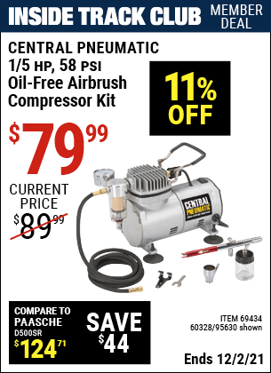 Inside Track Club members can buy the CENTRAL PNEUMATIC 1/5 HP 58 PSI Oil-Free Airbrush Compressor Kit (Item 95630/69434/60328) for $79.99, valid through 12/2/2021.