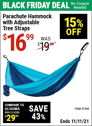 Buy the Parachute Hammock With Adjustable Tree Straps (Item 57399) for $16.99, valid through 11/11/2021.