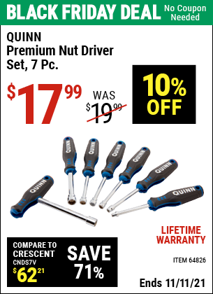 QUINN Premium Nut Driver Set 7 Pc. for $17.99 – Harbor Freight Coupons