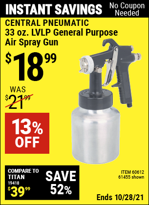 CENTRAL PNEUMATIC 33 oz. LVLP General Purpose Air Spray Gun for $18.99 ...