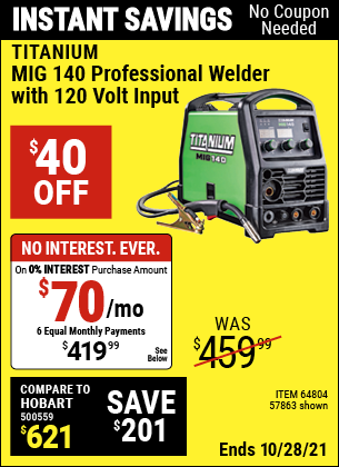 TITANIUM MIG 140 Professional Welder with 120 Volt Input for $419.99 ...