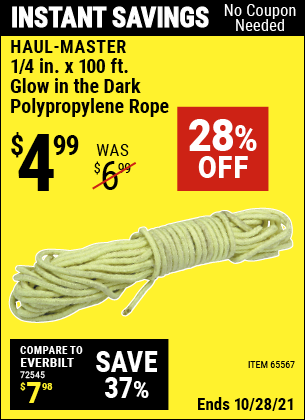 HAUL-MASTER 1/4 in. x 100 ft. Glow in the Dark Polypropylene Rope for $4.99  – Harbor Freight Coupons