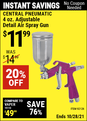 CENTRAL PNEUMATIC 4 oz. Adjustable Detail Air Spray Gun for $11.99 ...