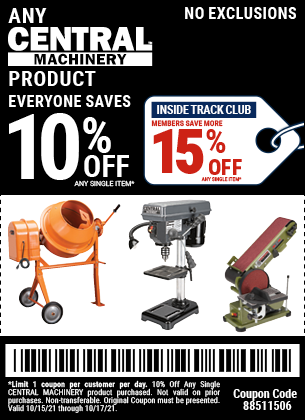10% off Central Machinery Brand Products